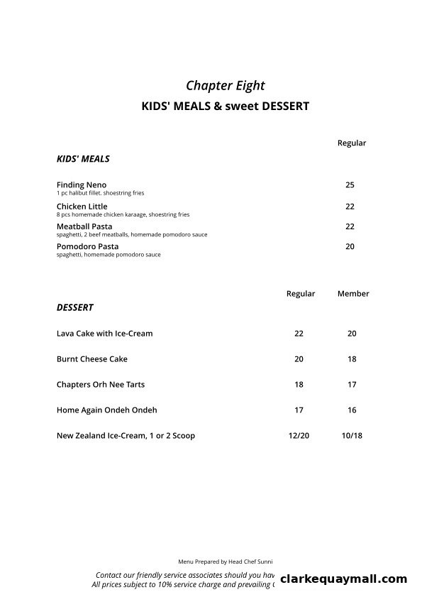 A menu from Chapters by DrinksCo featuring kids' meals and desserts with prices.