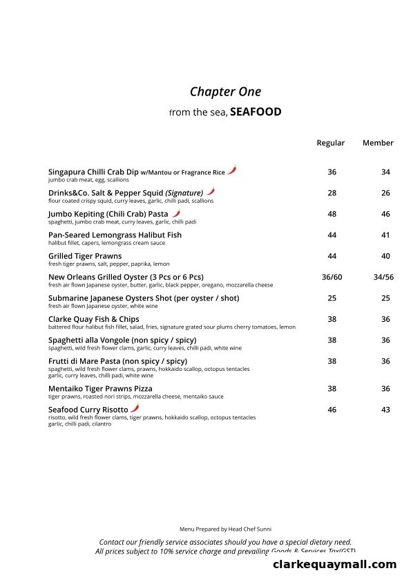 A menu from Chapter One featuring seafood dishes with prices.