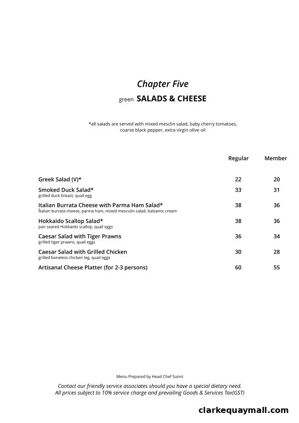 A menu page titled 'Chapter Five' featuring salads and cheese options with prices.