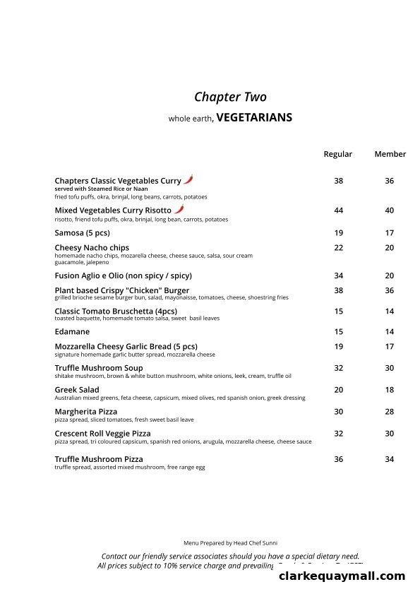 A vegetarian menu from Chapter Two, featuring various dishes with prices.