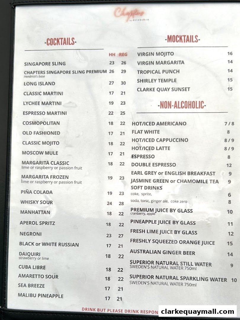 A menu from Chapters by DrinksCo featuring cocktails, mocktails, and non-alcoholic beverages.