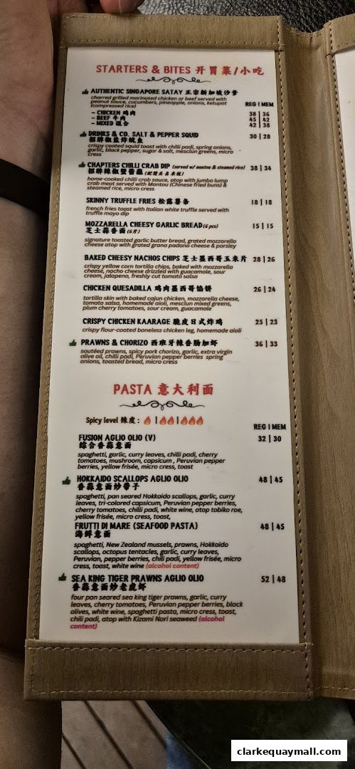 A menu from Chapters by DrinksCo. featuring starters, bites, and pasta dishes.