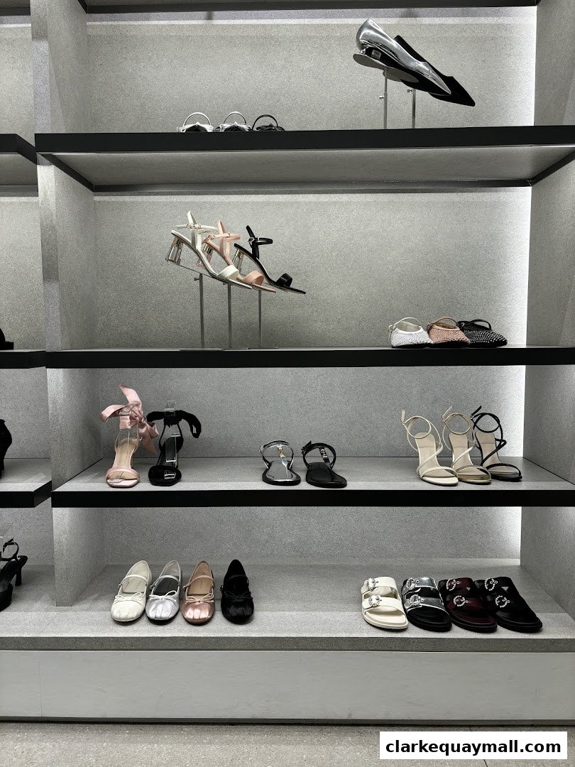 A display of various women's shoes, including heels, sandals, and flats, on shelves.