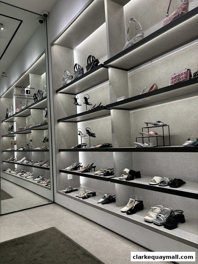 A well-lit retail store interior showcasing a wide selection of stylish women's shoes and handbags on display shelves.
