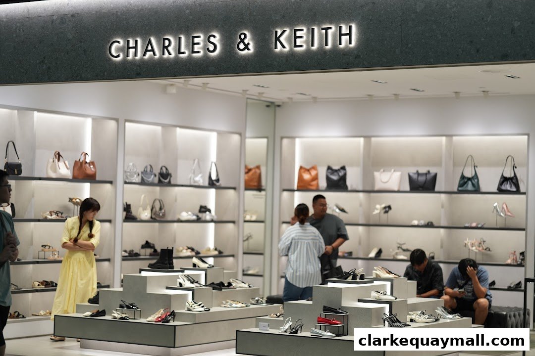 Interior view of a Charles & Keith store showcasing handbags and shoes on display shelves.