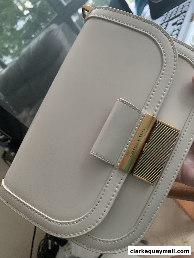 A close-up shot of a stylish, light-colored handbag with gold hardware from Charles & Keith.