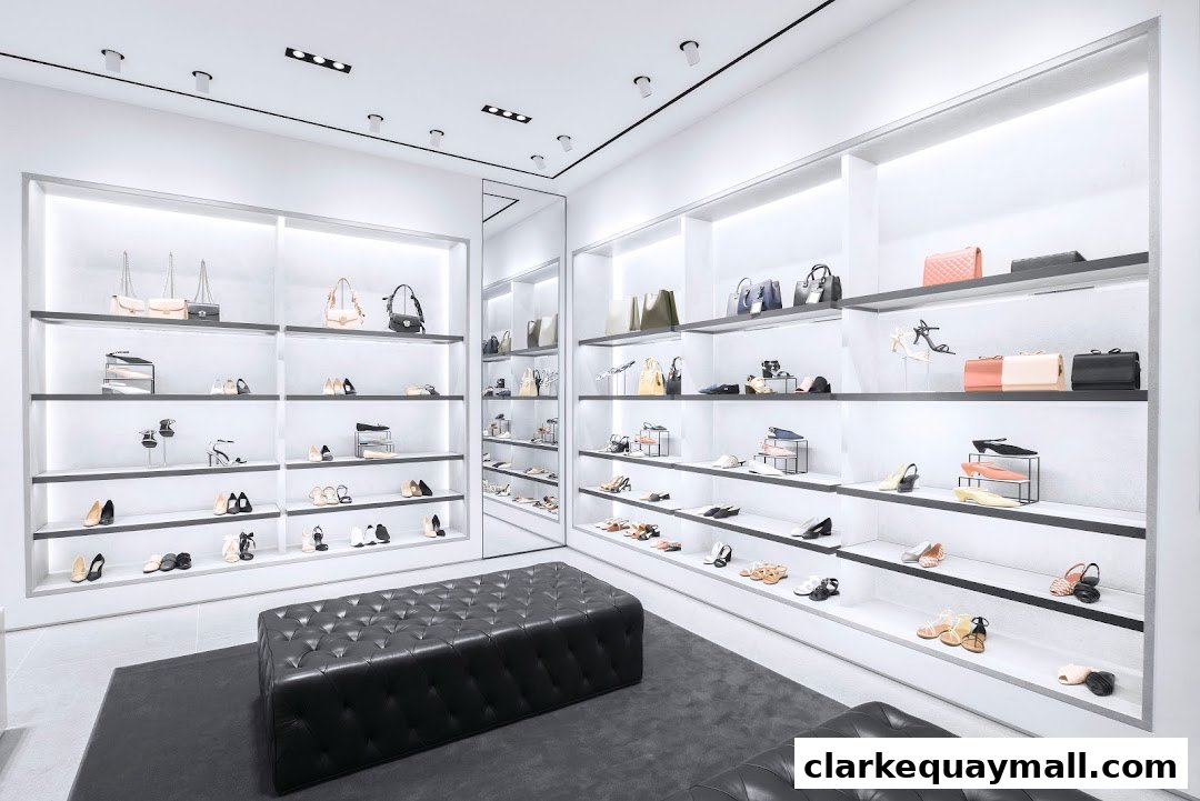 Interior view of a Charles & Keith store showcasing handbags and shoes on illuminated shelves.