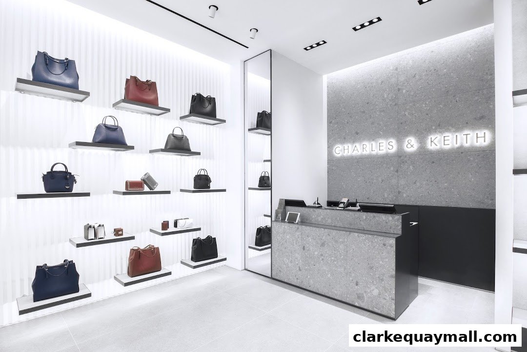 Interior view of a Charles & Keith store showcasing handbags on display shelves and a checkout counter.