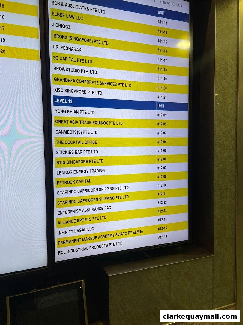 A digital directory board displaying a list of company names and their unit numbers.