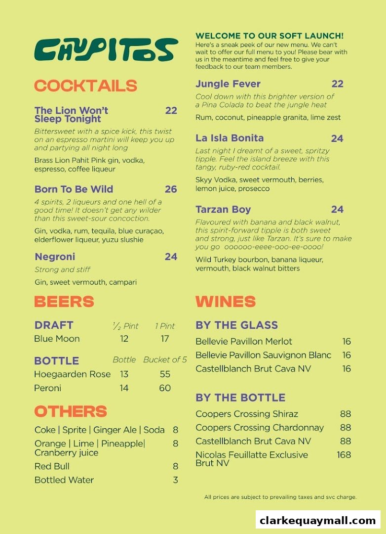 A menu for Chupitos featuring cocktails, beers, wines, and other drinks with descriptions and prices.