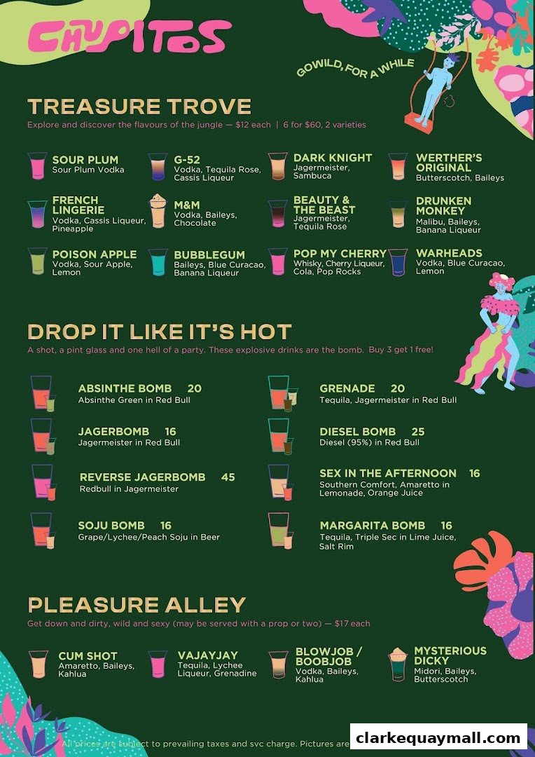 A colorful menu for Chupitos featuring various shot and drink categories with illustrations.