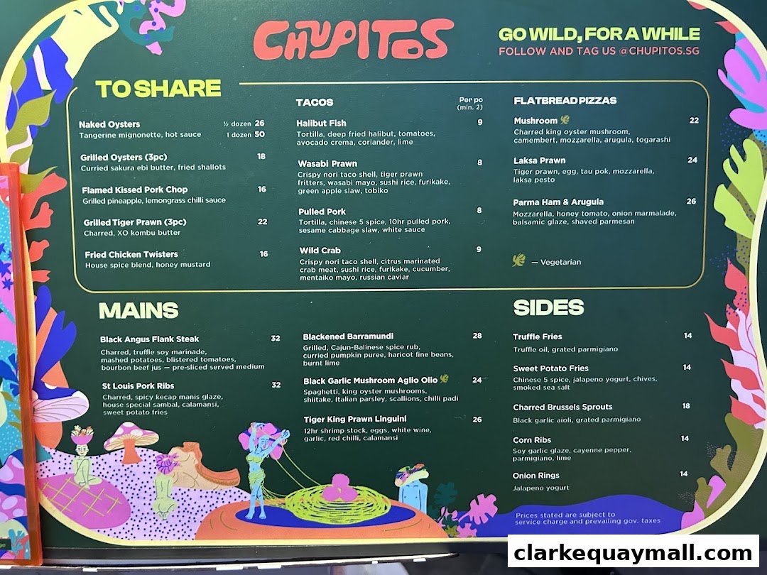 A menu for Chupitos restaurant featuring dishes like oysters, tacos, flatbread pizzas, mains, and sides.
