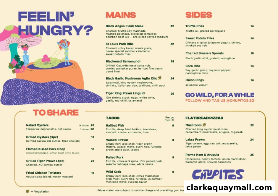 A colorful menu for Chupitos featuring mains, sides, tacos, and flatbread pizzas with enticing descriptions.