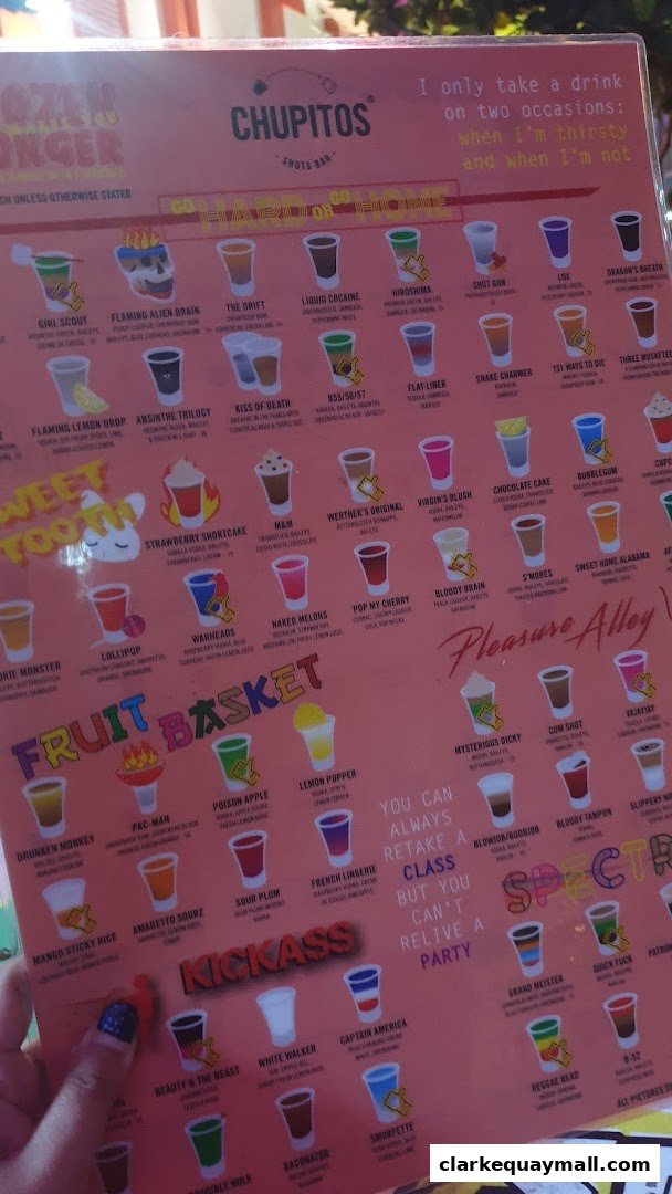 A menu for Chupitos Shots Bar featuring a wide variety of colorful shots with creative names.