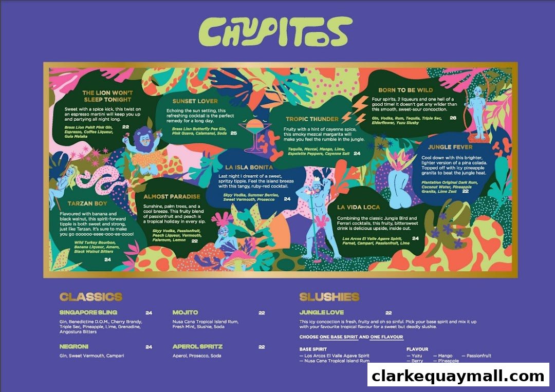 A vibrant and colorful menu for Chupitos, featuring cocktails and slushies with tropical illustrations.