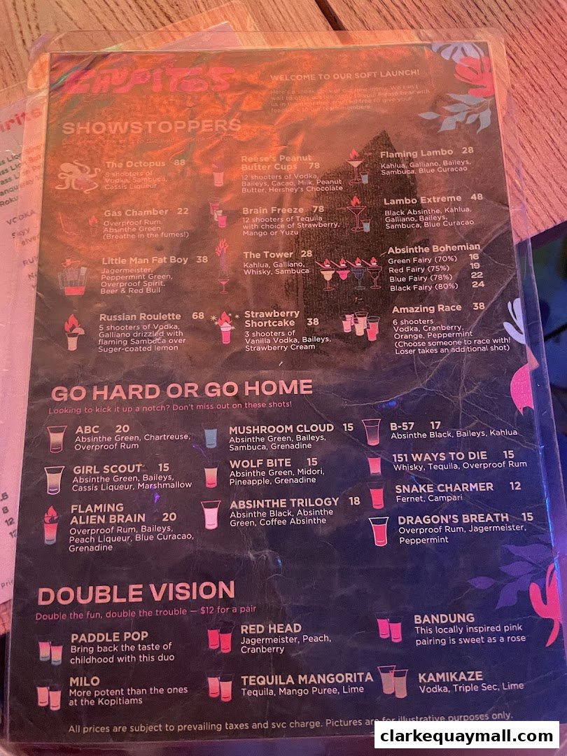 A menu for Chupitos featuring various shots and drinks with prices and descriptions.