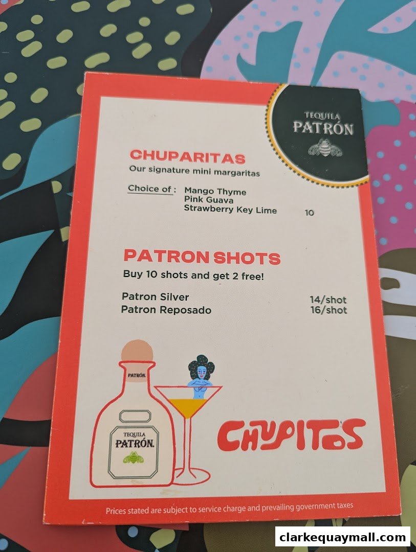 A menu from Chupitos featuring Chuparitas and Patron Shots with drink options and prices.