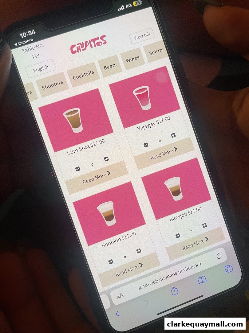 A smartphone displaying the Chupitos menu with various shot options and prices.