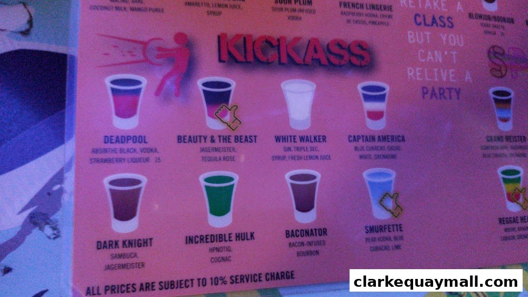 A menu board displaying various colorful shot drinks with their names and ingredients.