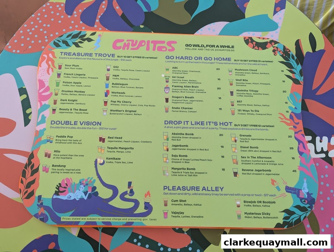 A colorful menu for Chupitos, featuring various shot combinations and drink names.