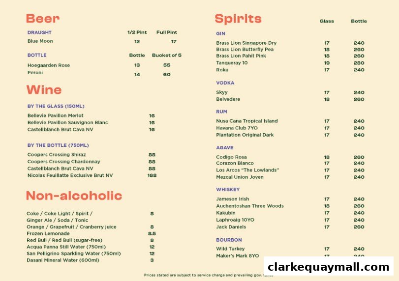 A menu featuring a wide selection of beers, wines, spirits, and non-alcoholic beverages with prices.