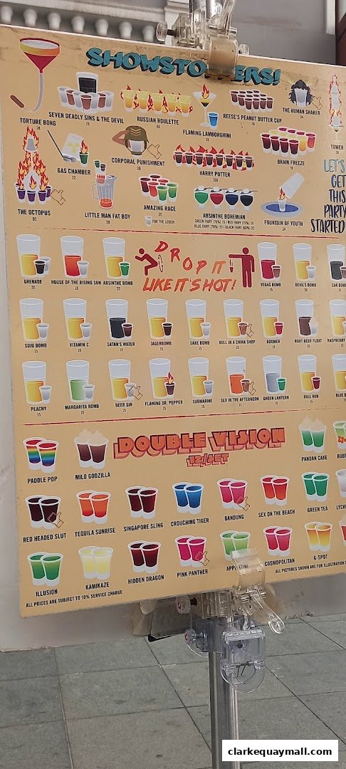 A menu board displaying various colorful shots with their names and prices.