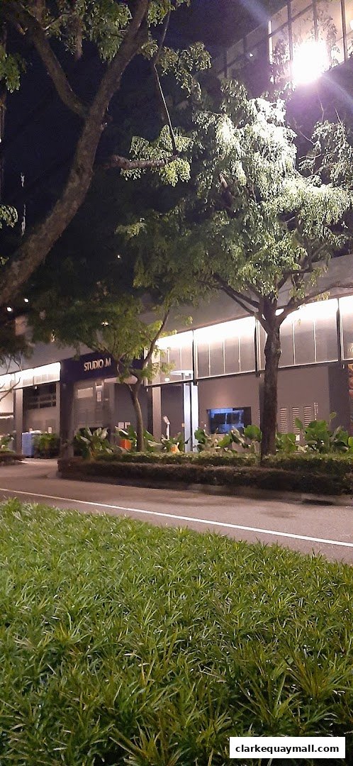 The exterior of Studio M hotel at night, with trees and greenery in the foreground.