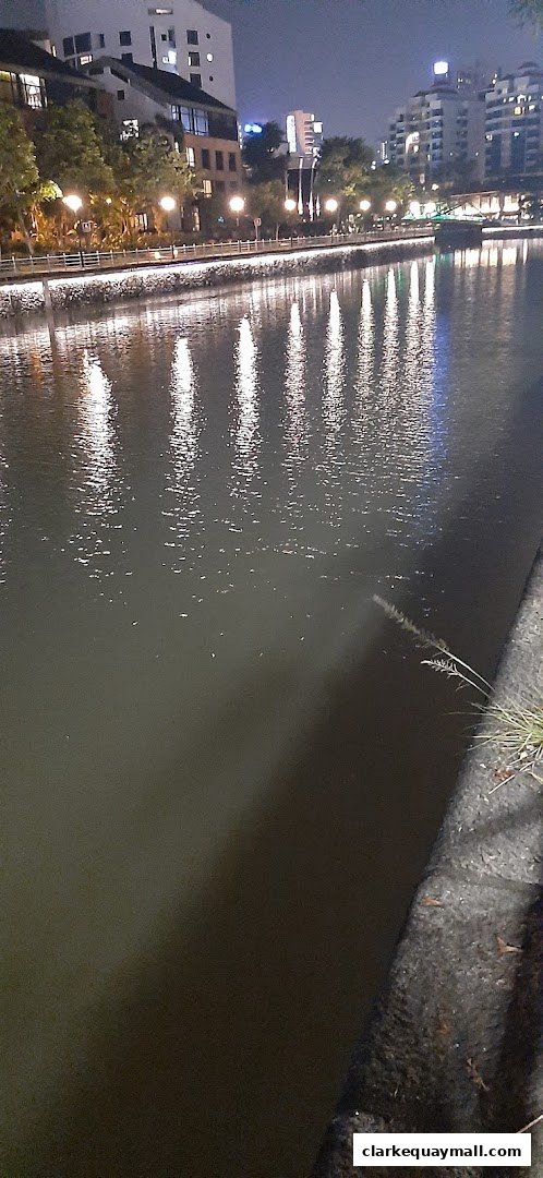 Night view of a river with reflections of buildings and lights along the bank.