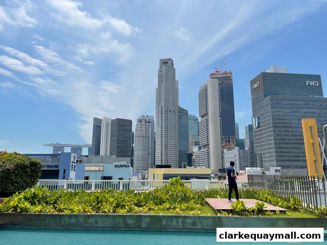 A person stands on a wooden platform overlooking a city skyline with a pool in the foreground.