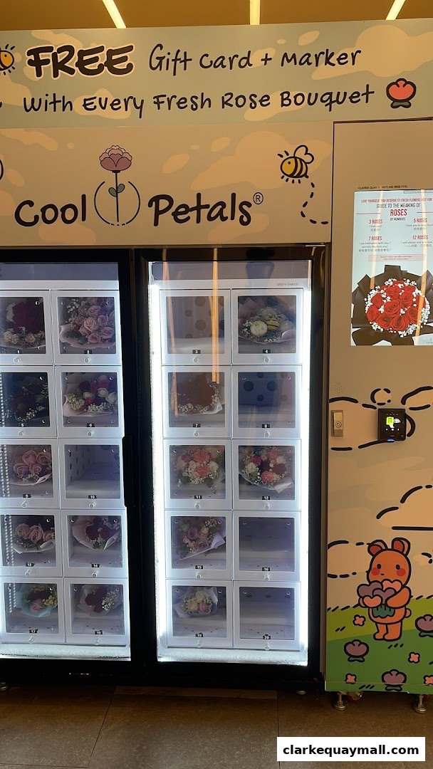 A vending machine displaying fresh rose bouquets with a promotional offer.