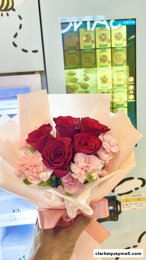 A hand holds a bouquet of red roses and pink carnations in front of a vending machine.