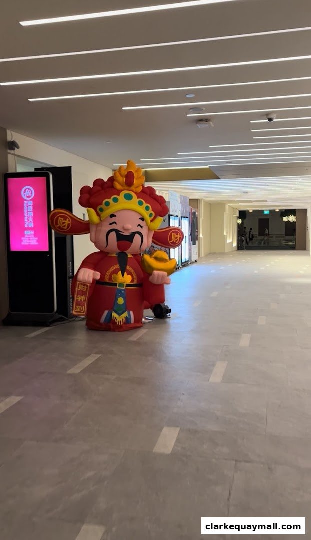 An inflatable figure of a Chinese deity holding a gold ingot in a mall hallway.