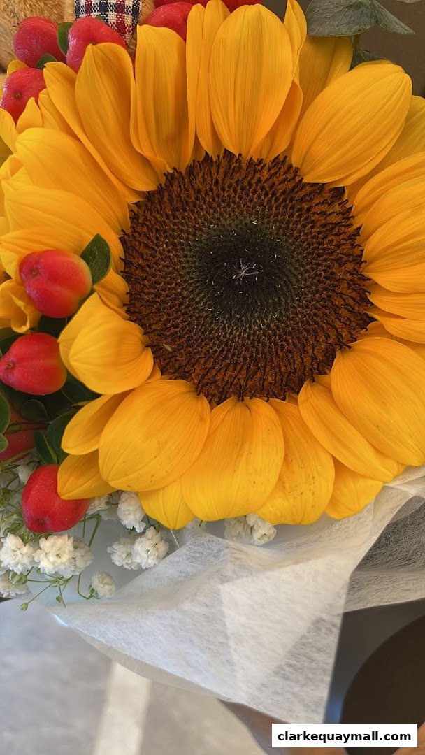 A close-up of a vibrant sunflower bouquet with red berries and delicate white flowers.