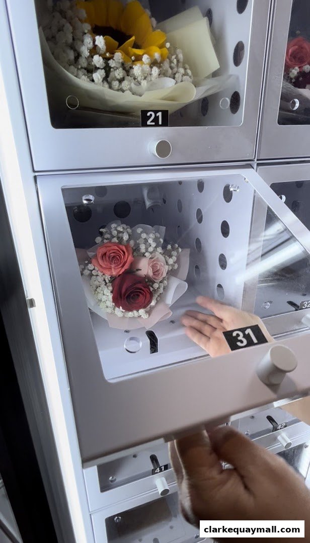 A hand reaches into a vending machine compartment to retrieve a bouquet of roses.