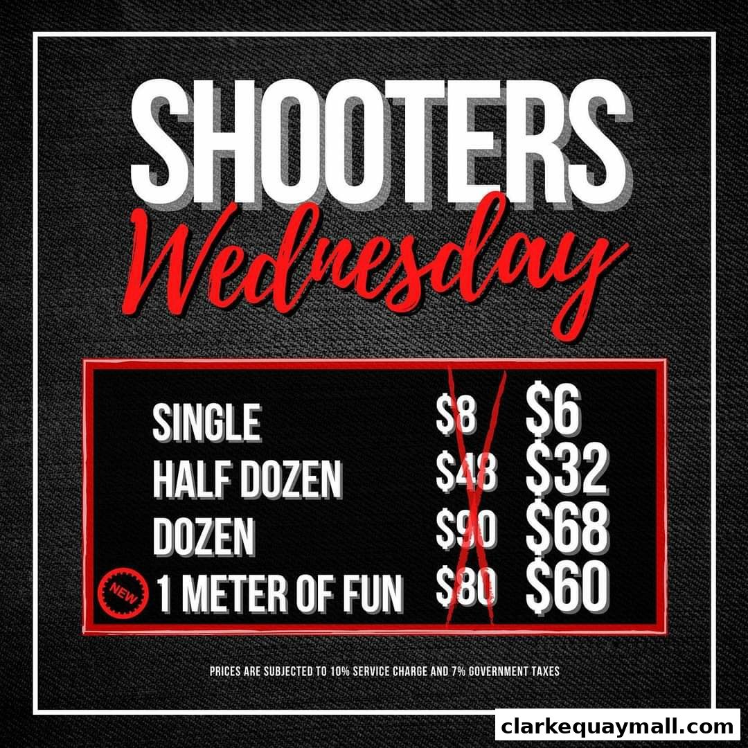A promotional graphic for 'Shooters Wednesday' with pricing for single, half dozen, dozen, and '1 Meter of Fun' shooters.