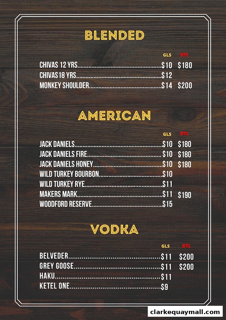 A menu featuring blended, American, and vodka spirits with prices for glass and bottle.