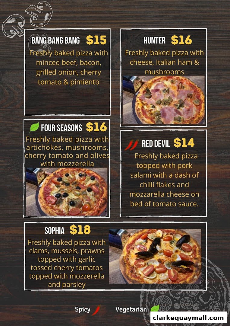 A menu showcasing various freshly baked pizzas with their ingredients and prices.