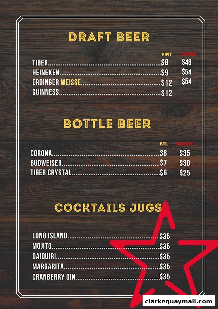 A menu featuring draft beer, bottle beer, and cocktail jugs with prices.