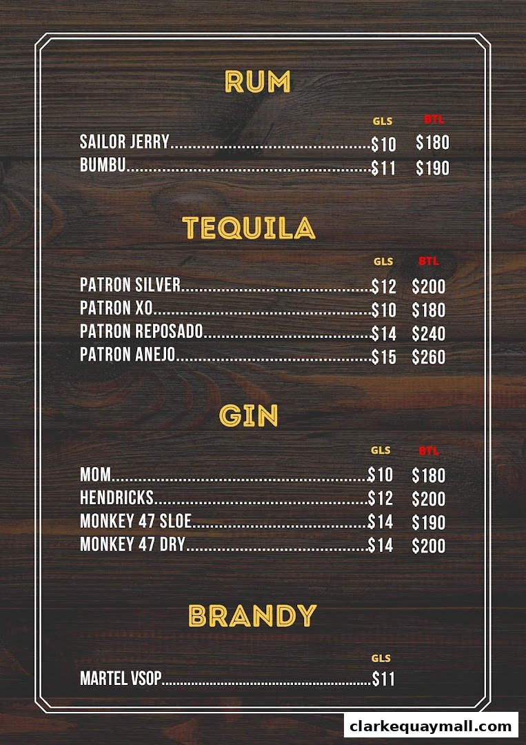 A menu featuring a selection of rum, tequila, gin, and brandy with prices.