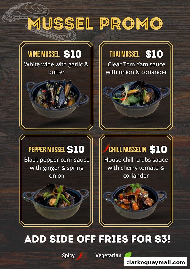 A menu promoting various mussel dishes with prices and descriptions.