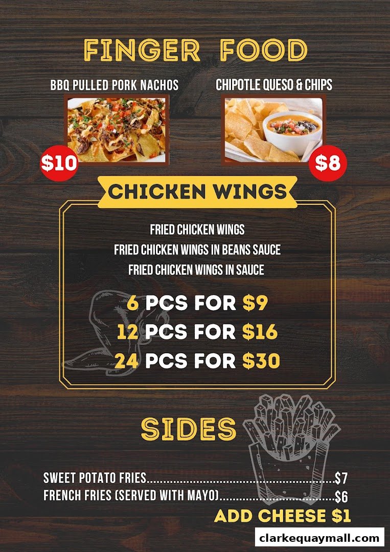 A menu featuring finger foods, chicken wings, and sides with prices.