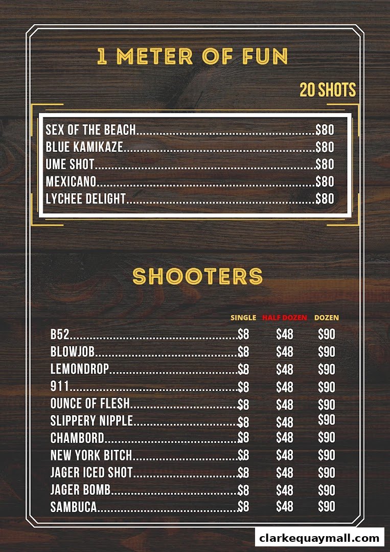 A menu for Coyote Ugly Saloon Singapore featuring shots and shooters with prices.