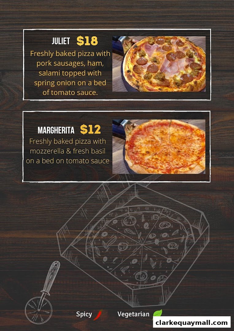 A menu showcasing two pizzas: Juliet and Margherita, with descriptions and prices.