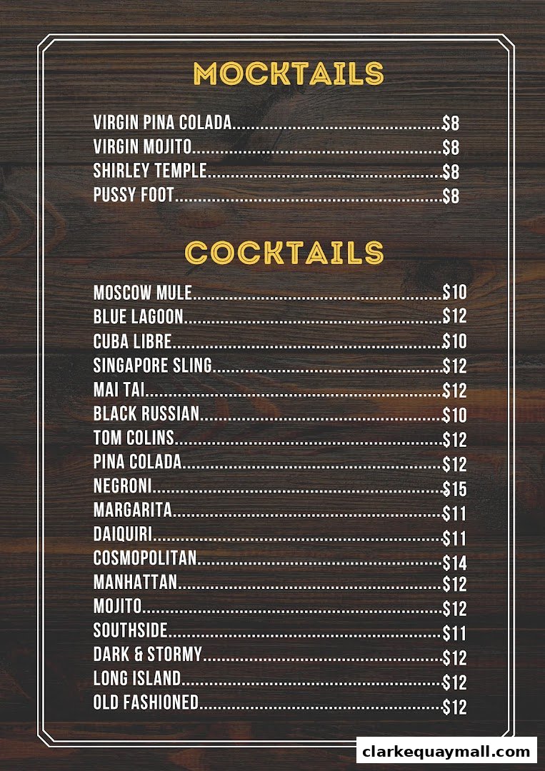 A menu featuring mocktails and cocktails with prices, set against a rustic wooden background.
