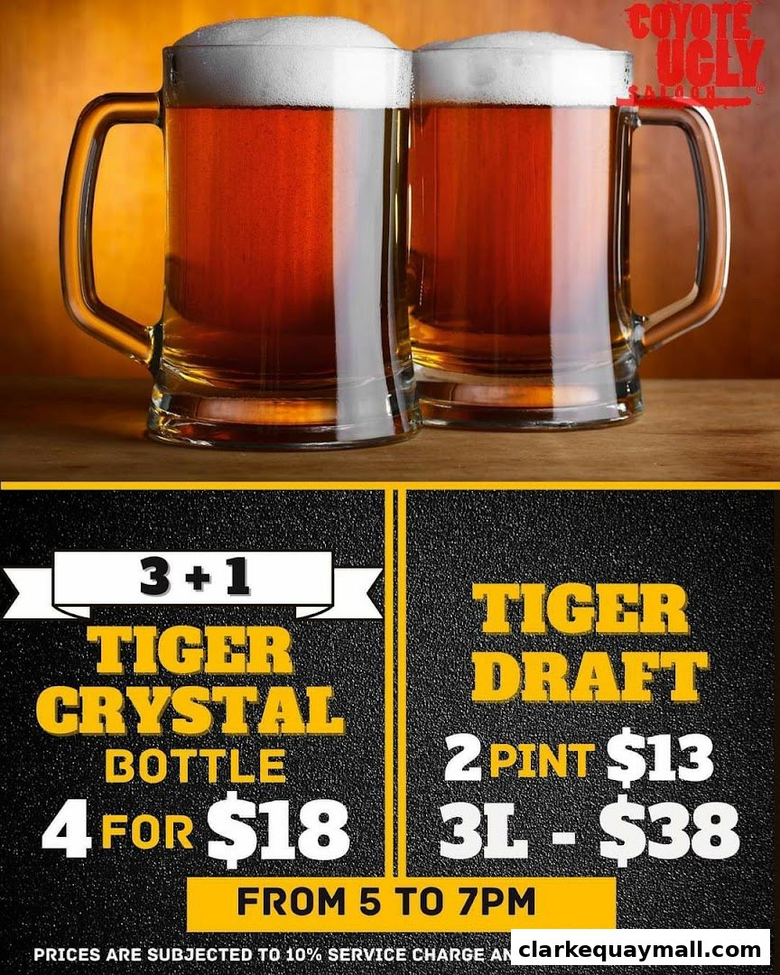 Two frosty mugs of beer with a promotional offer for Tiger Crystal and Draft.