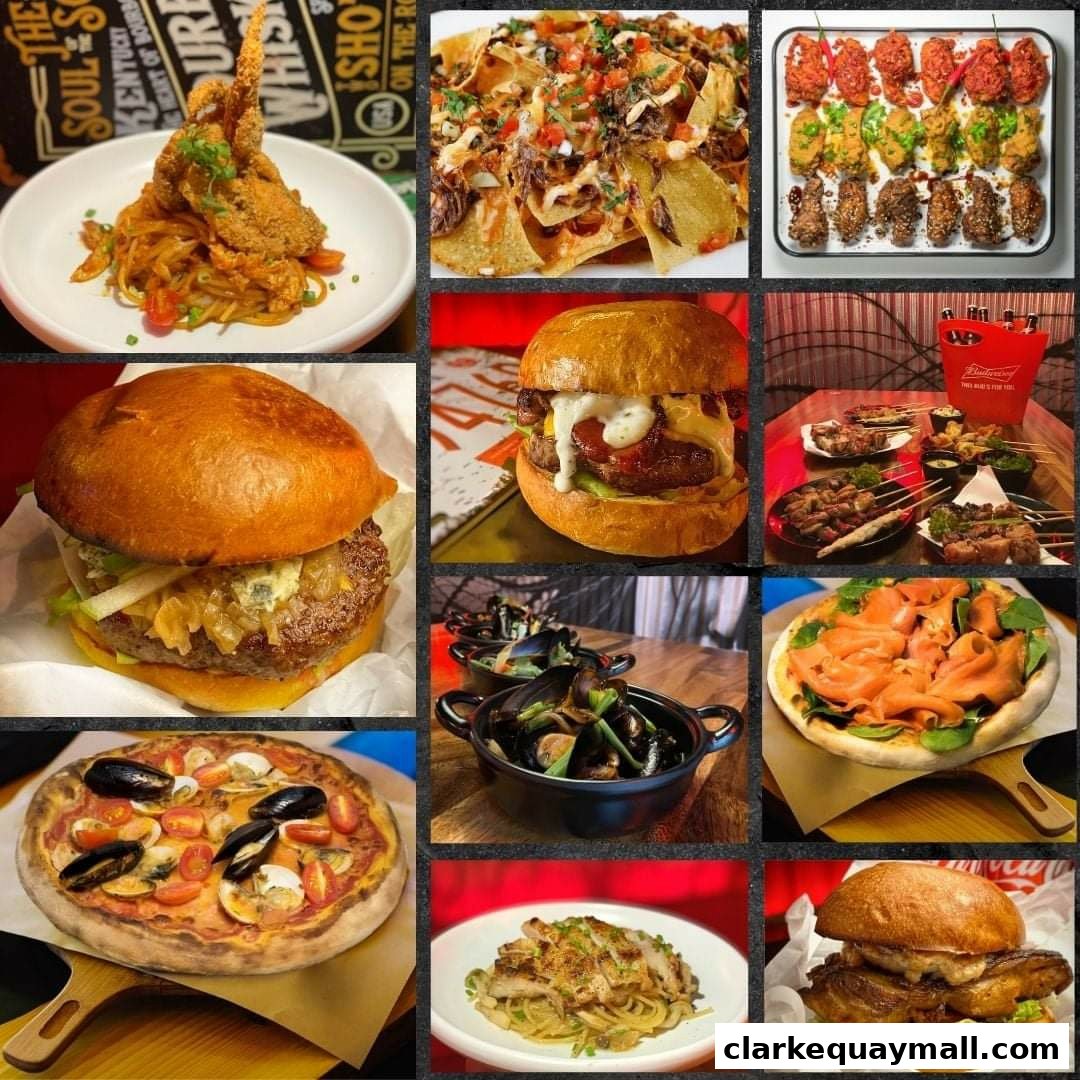 A collage of various food items including burgers, pasta, pizza, nachos, and mussels.