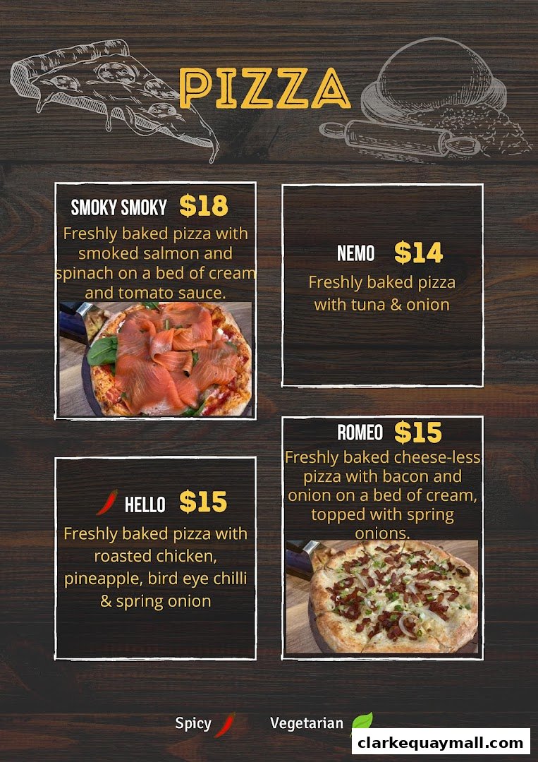 A menu showcasing four different pizzas with descriptions and prices.