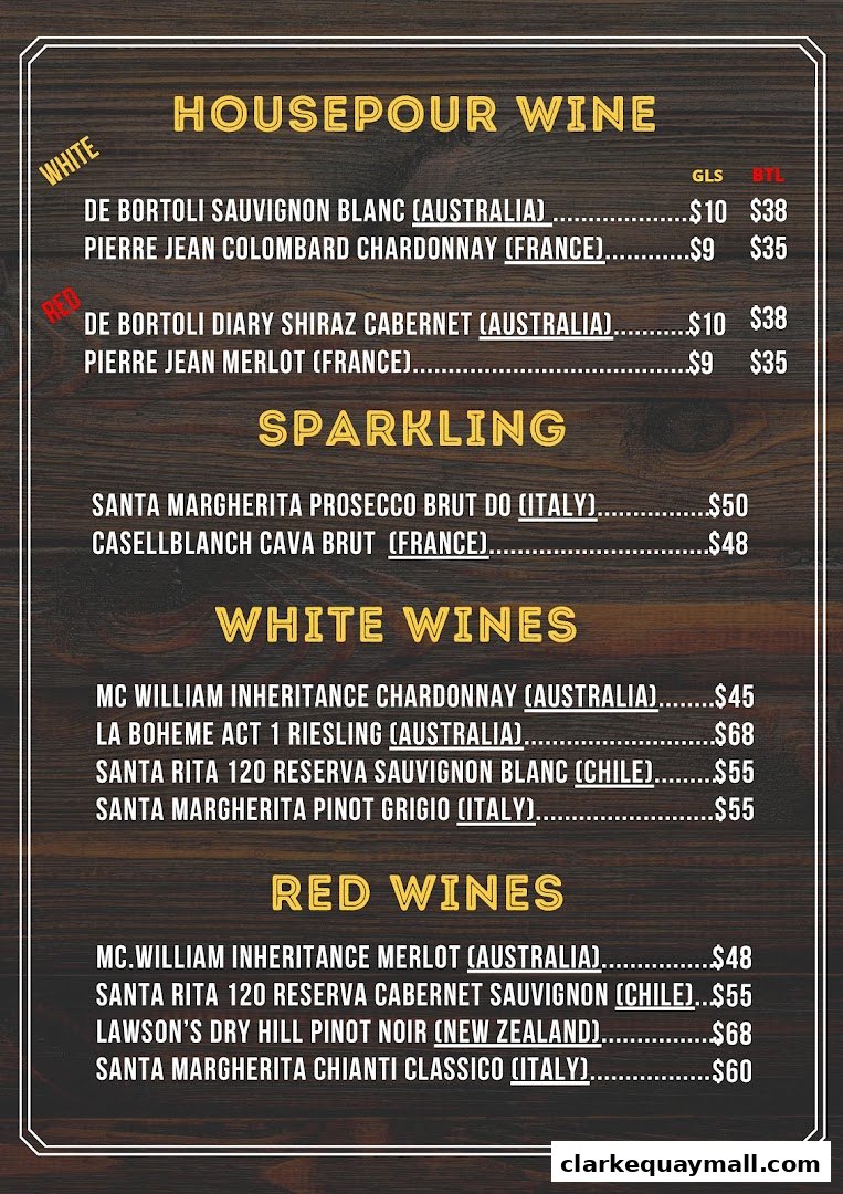 A wine menu featuring house pour, sparkling, white, and red wines with prices.