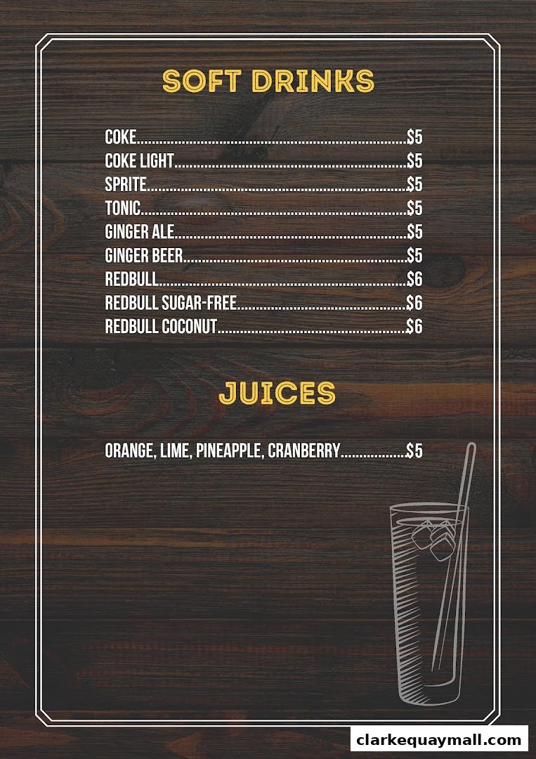 A menu featuring soft drinks and juices with prices.