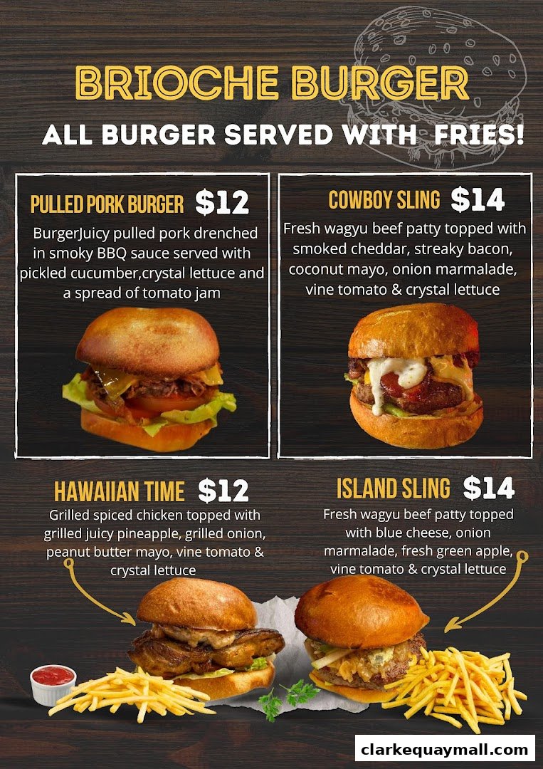 A menu showcasing four different brioche burgers, each served with fries.
